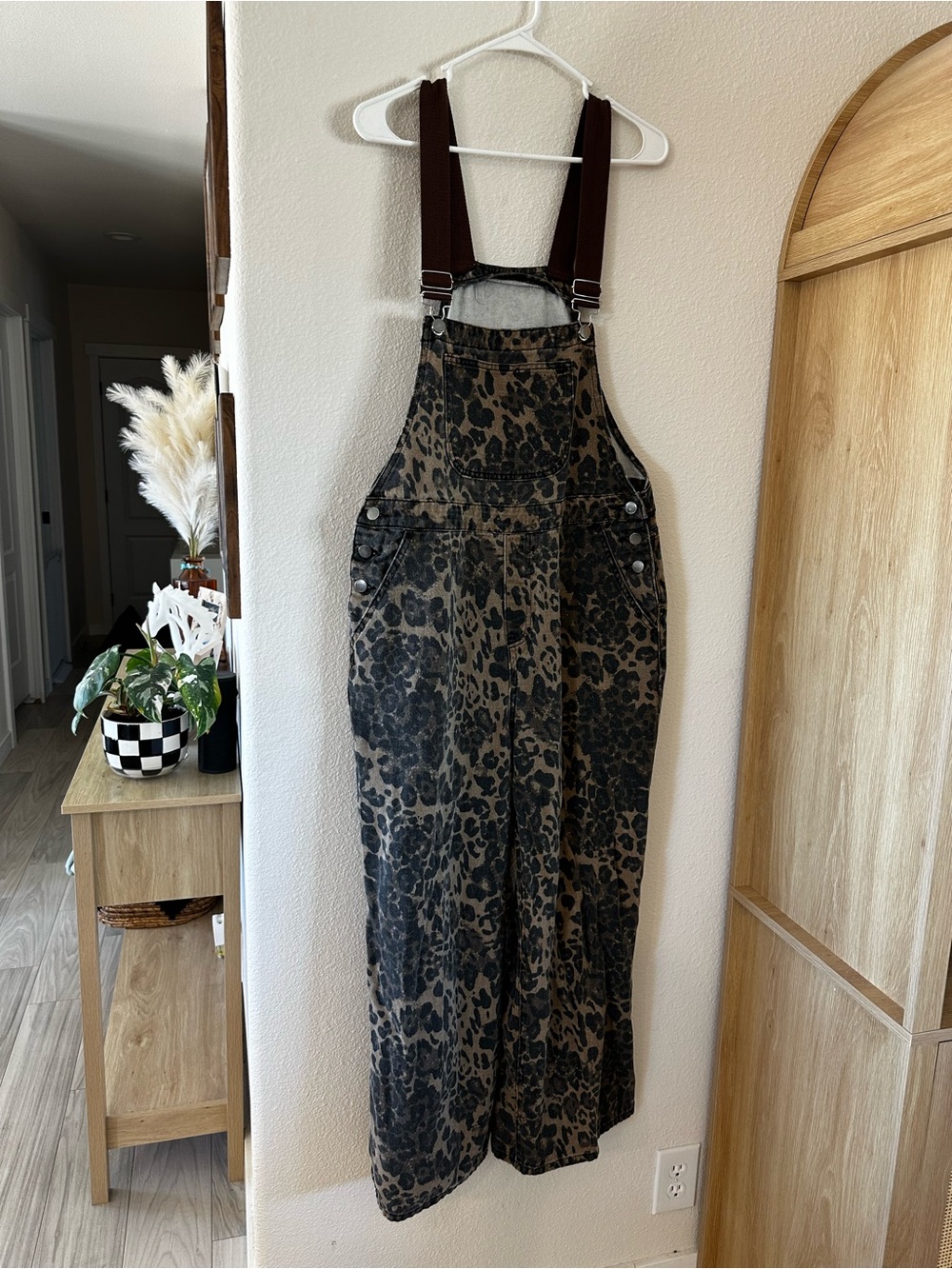 Cider Leopard Print Overalls with Brown Straps